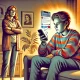 A dramatic illustration of two siblings in a heated argument in a cozy living room setting. One sister sits on a couch holding a phone, visibly frustr.