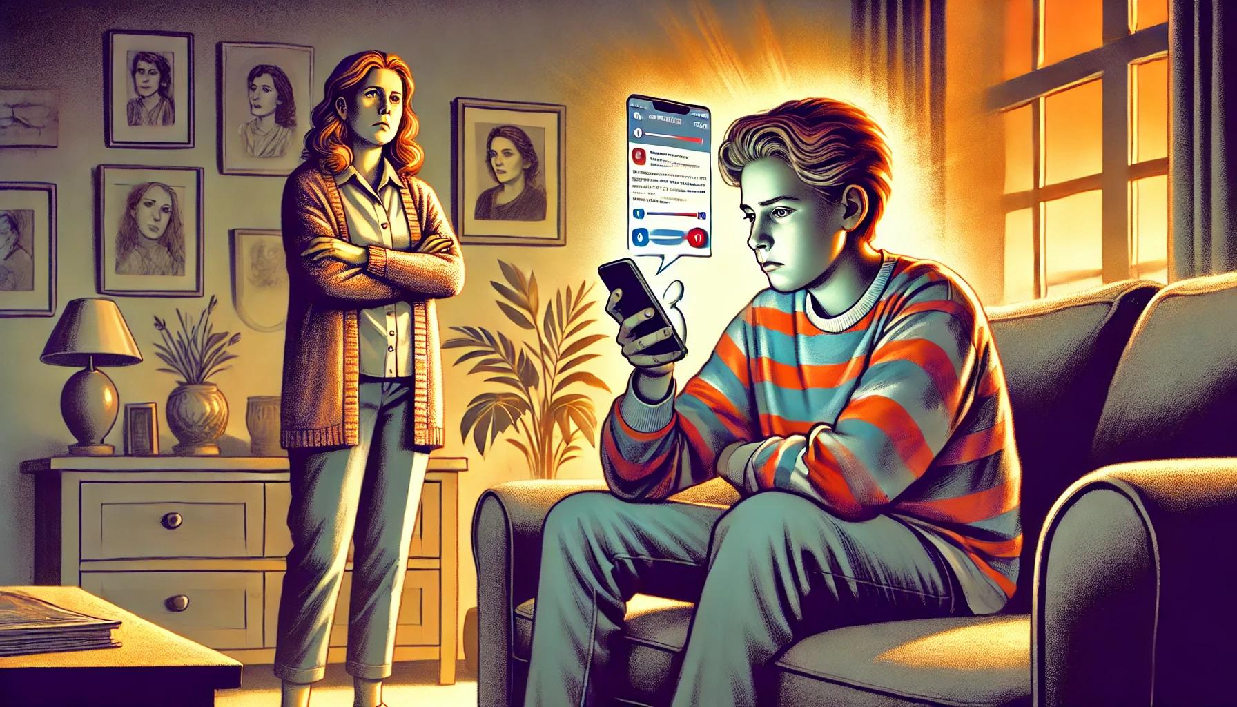 A dramatic illustration of two siblings in a heated argument in a cozy living room setting. One sister sits on a couch holding a phone, visibly frustr.