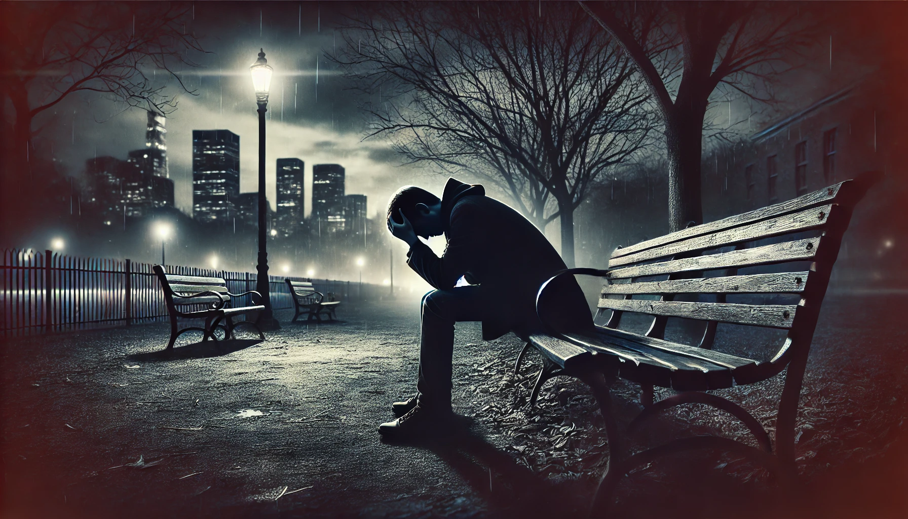 A dramatic and somber scene depicting a person sitting alone on a park bench at dusk, surrounded by a desolate, empty environment. They have their hea