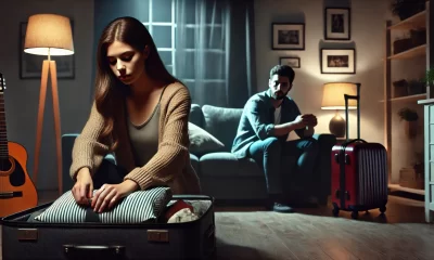 A dramatic scene depicting a young woman quietly packing her belongings into suitcases in a dimly lit apartment. She looks determined and calm, while .