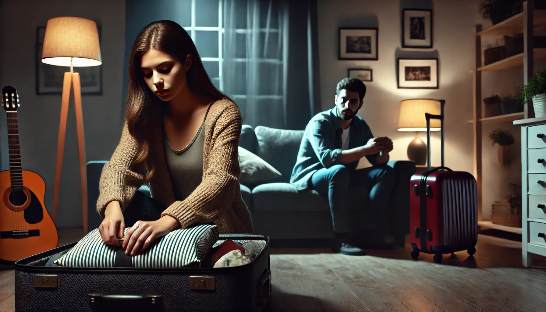 A dramatic scene depicting a young woman quietly packing her belongings into suitcases in a dimly lit apartment. She looks determined and calm, while .