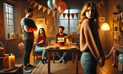 A-scene-depicting-a-tense-and-emotional-moment-between-friends.-A-young-woman-is-seen-walking-away-from-a-cozy-dimly-lit-birthday-gathering-with-ball.