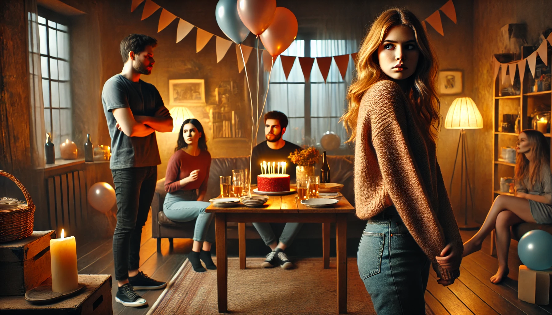 A-scene-depicting-a-tense-and-emotional-moment-between-friends.-A-young-woman-is-seen-walking-away-from-a-cozy-dimly-lit-birthday-gathering-with-ball.