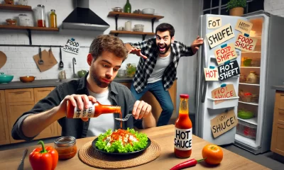 A -humorous-yet-dramatic-depiction-of-a-shared-apartment-kitchen-where-a-young-man-is-secretly-pouring-an-overly-spicy-hot-sauce-onto-a-plate-of-food