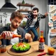 A -humorous-yet-dramatic-depiction-of-a-shared-apartment-kitchen-where-a-young-man-is-secretly-pouring-an-overly-spicy-hot-sauce-onto-a-plate-of-food