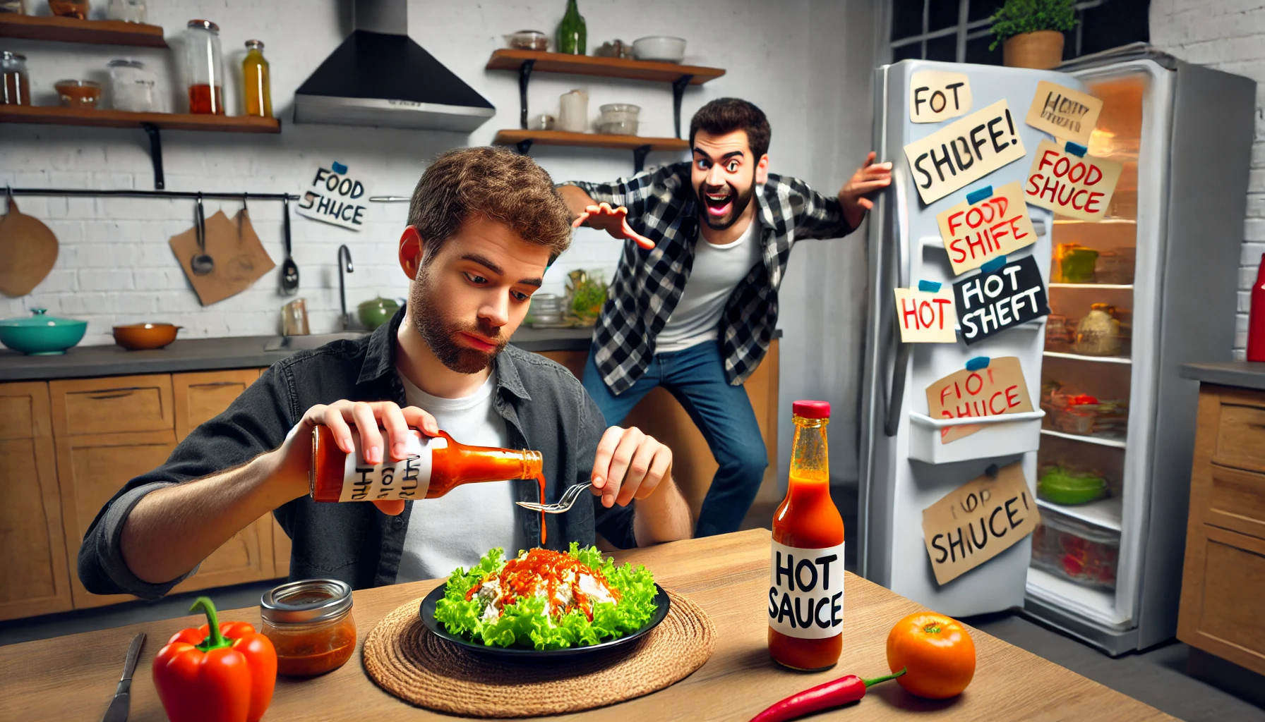 A -humorous-yet-dramatic-depiction-of-a-shared-apartment-kitchen-where-a-young-man-is-secretly-pouring-an-overly-spicy-hot-sauce-onto-a-plate-of-food