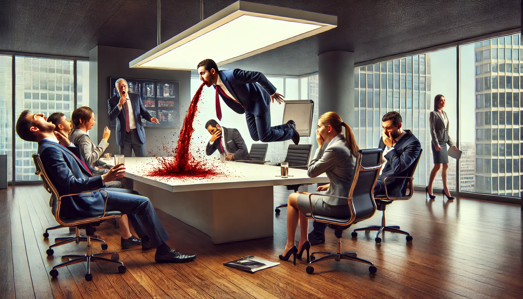 A-surreal-and-dramatic-depiction-of-a-professional-office-meeting-interrupted-by-an-individual-suddenly-vomiting-blood.-The-scene-captures-a-moment-of