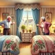 A cozy guest room with two twin beds neatly made with colorful, matching bedspreads. The room has charming decor, including a small nightstand with a