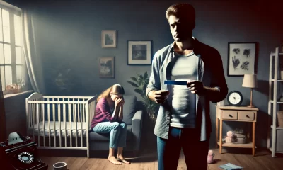 A dramatic and emotional scene depicting a man standing in a dimly lit room, holding a paternity test result in his hand, with a look of anguish and r