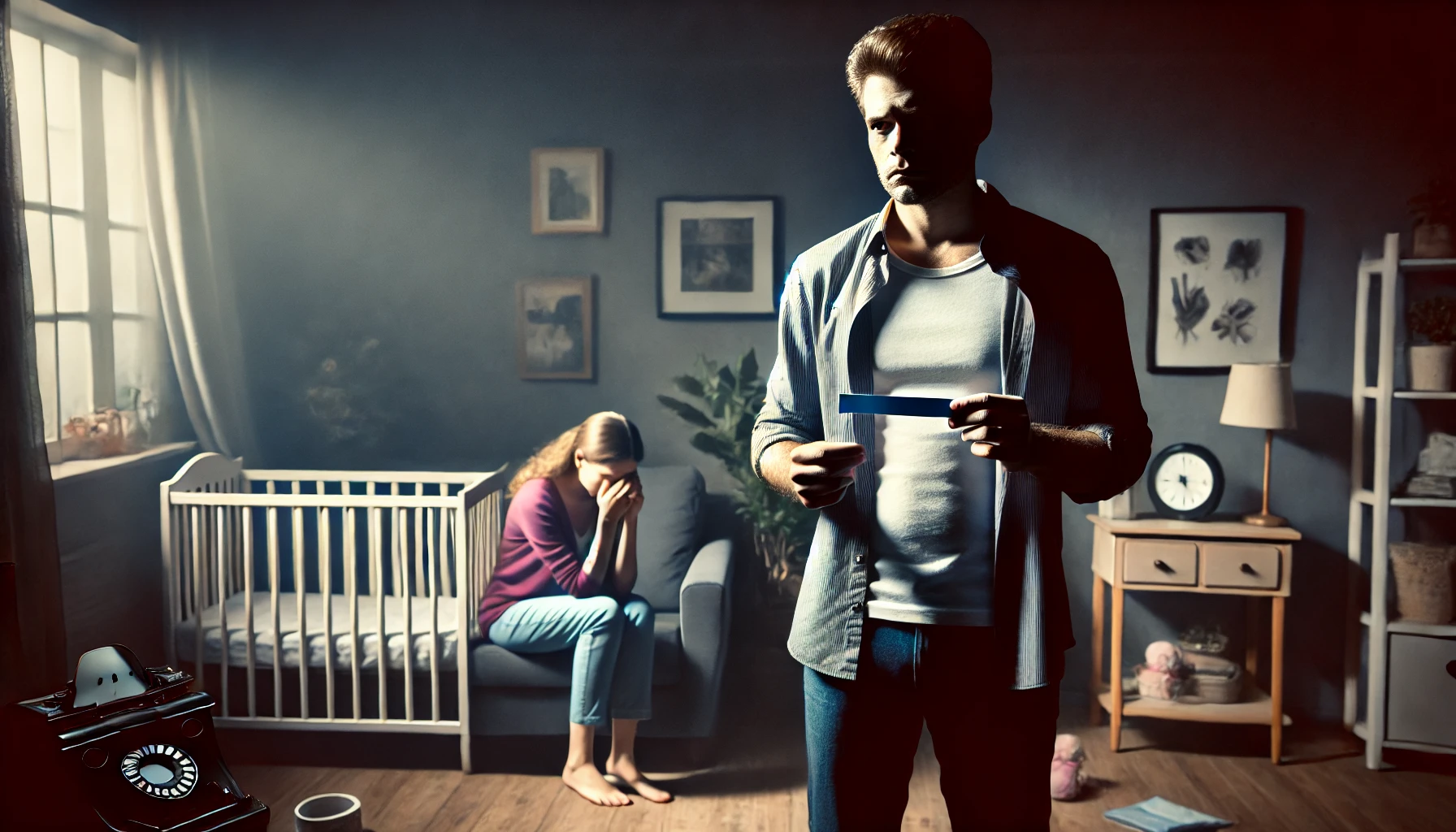 A dramatic and emotional scene depicting a man standing in a dimly lit room, holding a paternity test result in his hand, with a look of anguish and r