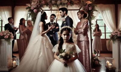 A dramatic and emotional scene at a wedding venue, where a family is in heated discussion. In the foreground, a young girl dressed in a flower girl ou