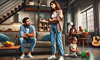 A-tense-domestic-scene-in-a-modern-living-room.-A-frustrated-woman-is-standing-with-her-arms-crossed-speaking-firmly-to-her-husband-who-is-sitting-