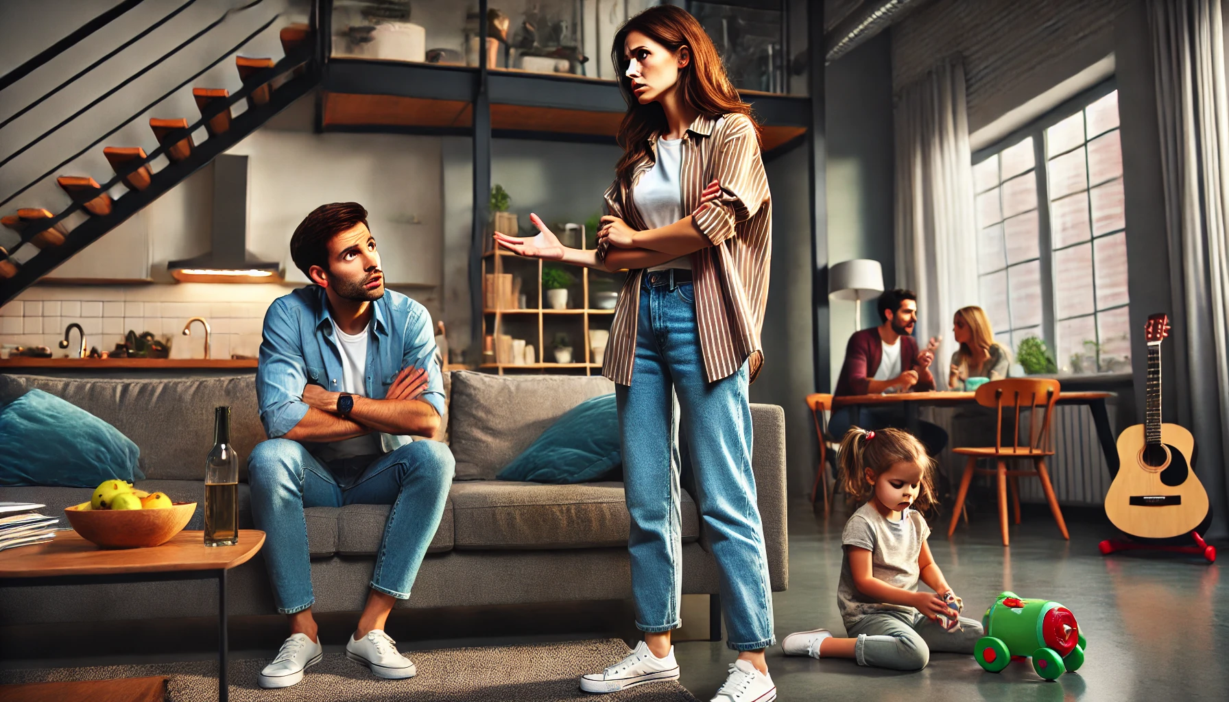 A-tense-domestic-scene-in-a-modern-living-room.-A-frustrated-woman-is-standing-with-her-arms-crossed-speaking-firmly-to-her-husband-who-is-sitting-