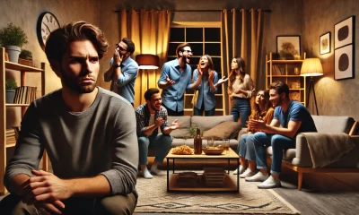 A dramatic and emotional scene depicting a group of people in a modern living room, where one individual looks deeply upset while others are laughing,.