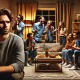 A dramatic and emotional scene depicting a group of people in a modern living room, where one individual looks deeply upset while others are laughing,.