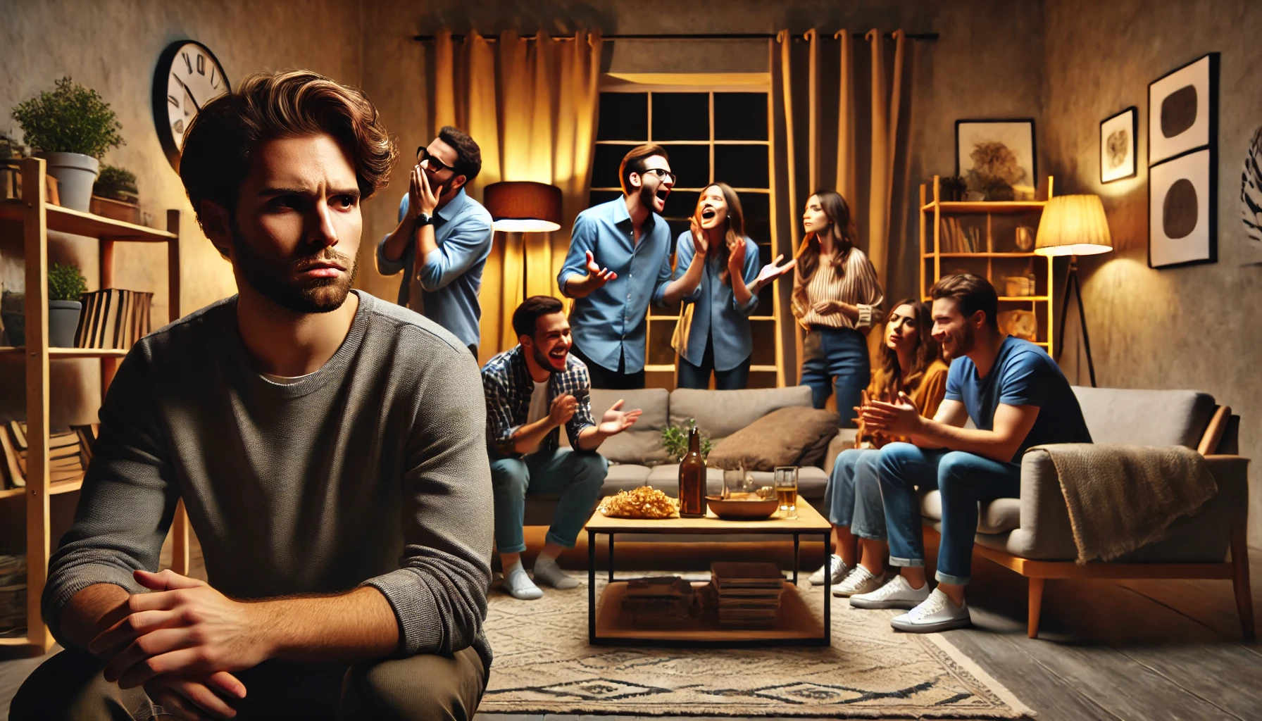 A dramatic and emotional scene depicting a group of people in a modern living room, where one individual looks deeply upset while others are laughing,.