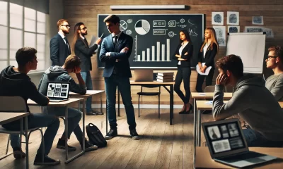 A dramatic scene in a college classroom setting, where a group of students is presenting their project. The focus is on a visibly frustrated student s