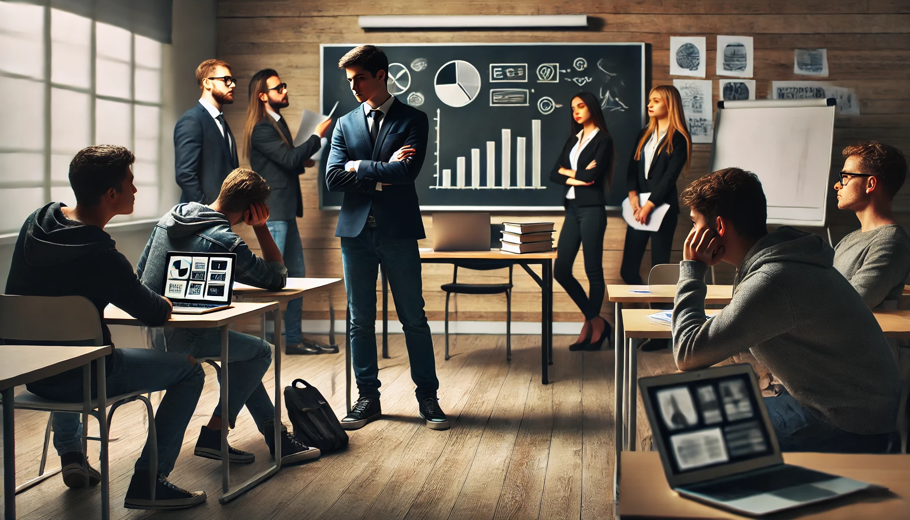 A dramatic scene in a college classroom setting, where a group of students is presenting their project. The focus is on a visibly frustrated student s