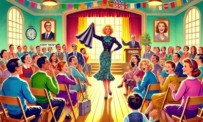 A humorous and lively scene depicting a mother confidently walking into a school meeting, holding up a stylish outfit, addressing a room full of shock.