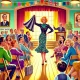 A humorous and lively scene depicting a mother confidently walking into a school meeting, holding up a stylish outfit, addressing a room full of shock.