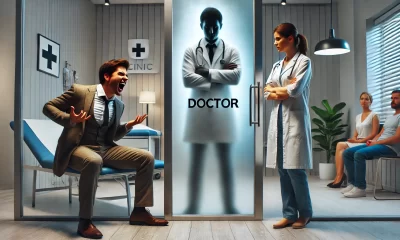 A dramatic and emotional scene depicting a patient confidently choosing a doctor behind a frosted glass door with the doctor's name partially visible .