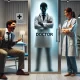 A dramatic and emotional scene depicting a patient confidently choosing a doctor behind a frosted glass door with the doctor's name partially visible .