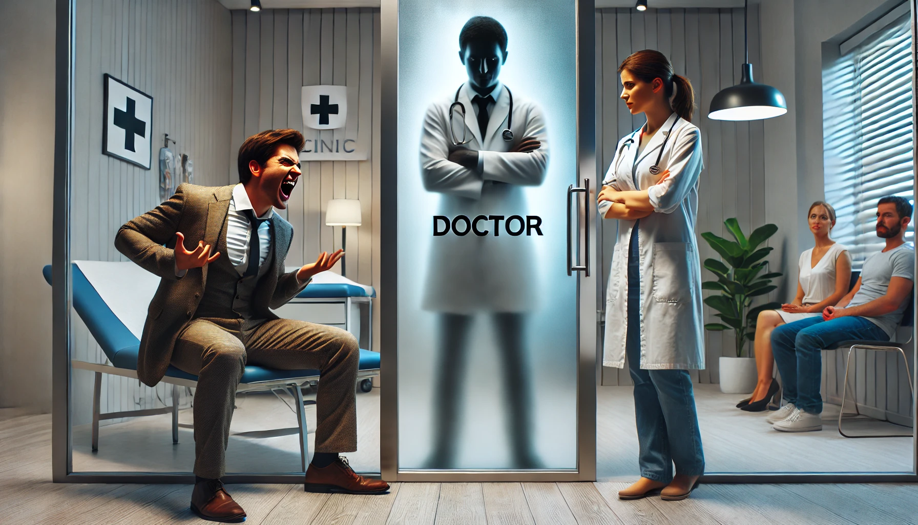 A dramatic and emotional scene depicting a patient confidently choosing a doctor behind a frosted glass door with the doctor's name partially visible .