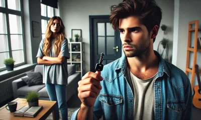 A dramatic and tense scene showing a young adult standing in their living room holding a key, looking conflicted but firm. In the background, a sister