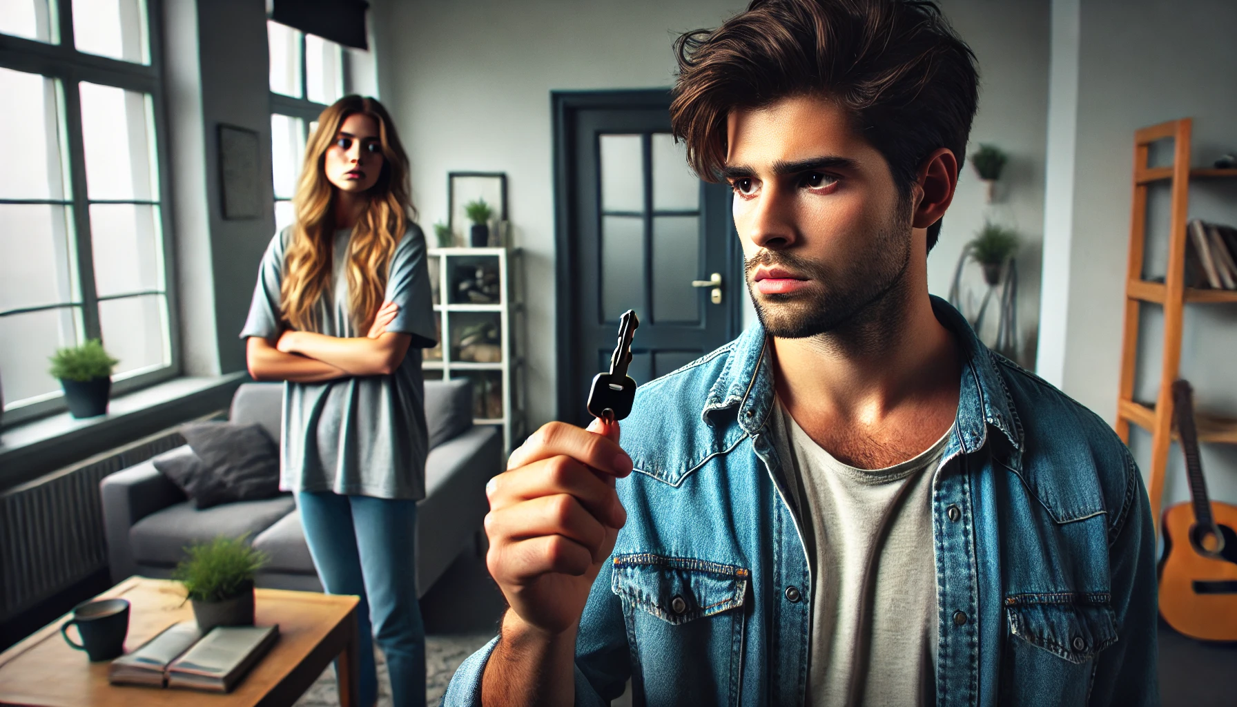 A dramatic and tense scene showing a young adult standing in their living room holding a key, looking conflicted but firm. In the background, a sister