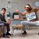 A humorous and exaggerated scene in a modern office setting. A 28-year-old job applicant is confidently sitting across from a hiring manager, boldly