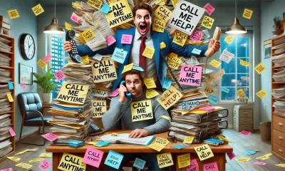 A humorous and exaggerated scene depicting someone overloading a coworker or friend with dozens of sticky notes, papers, and gadgets labeled with phra