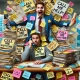 A humorous and exaggerated scene depicting someone overloading a coworker or friend with dozens of sticky notes, papers, and gadgets labeled with phra