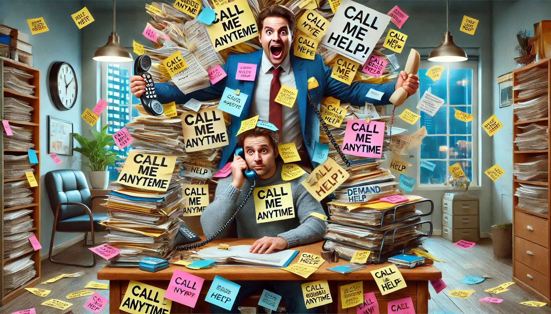 A humorous and exaggerated scene depicting someone overloading a coworker or friend with dozens of sticky notes, papers, and gadgets labeled with phra