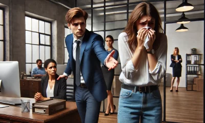 A dramatic and tense office scene where a professional employee, looking uncomfortable but firm, gestures towards the door, asking a sobbing woman to