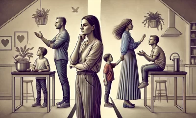 dramatic illustration depicting a modern family dynamic with a central figure, a thoughtful mother, standing between two symbolic representations of.