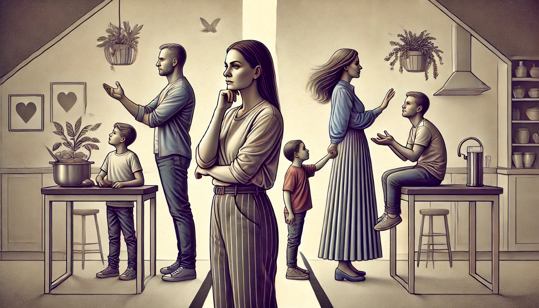 dramatic illustration depicting a modern family dynamic with a central figure, a thoughtful mother, standing between two symbolic representations of.