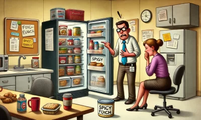 A humorous and slightly dramatic illustration of an office breakroom scenario. A fridge is prominently displayed with a variety of food containers ins