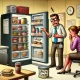 A humorous and slightly dramatic illustration of an office breakroom scenario. A fridge is prominently displayed with a variety of food containers ins