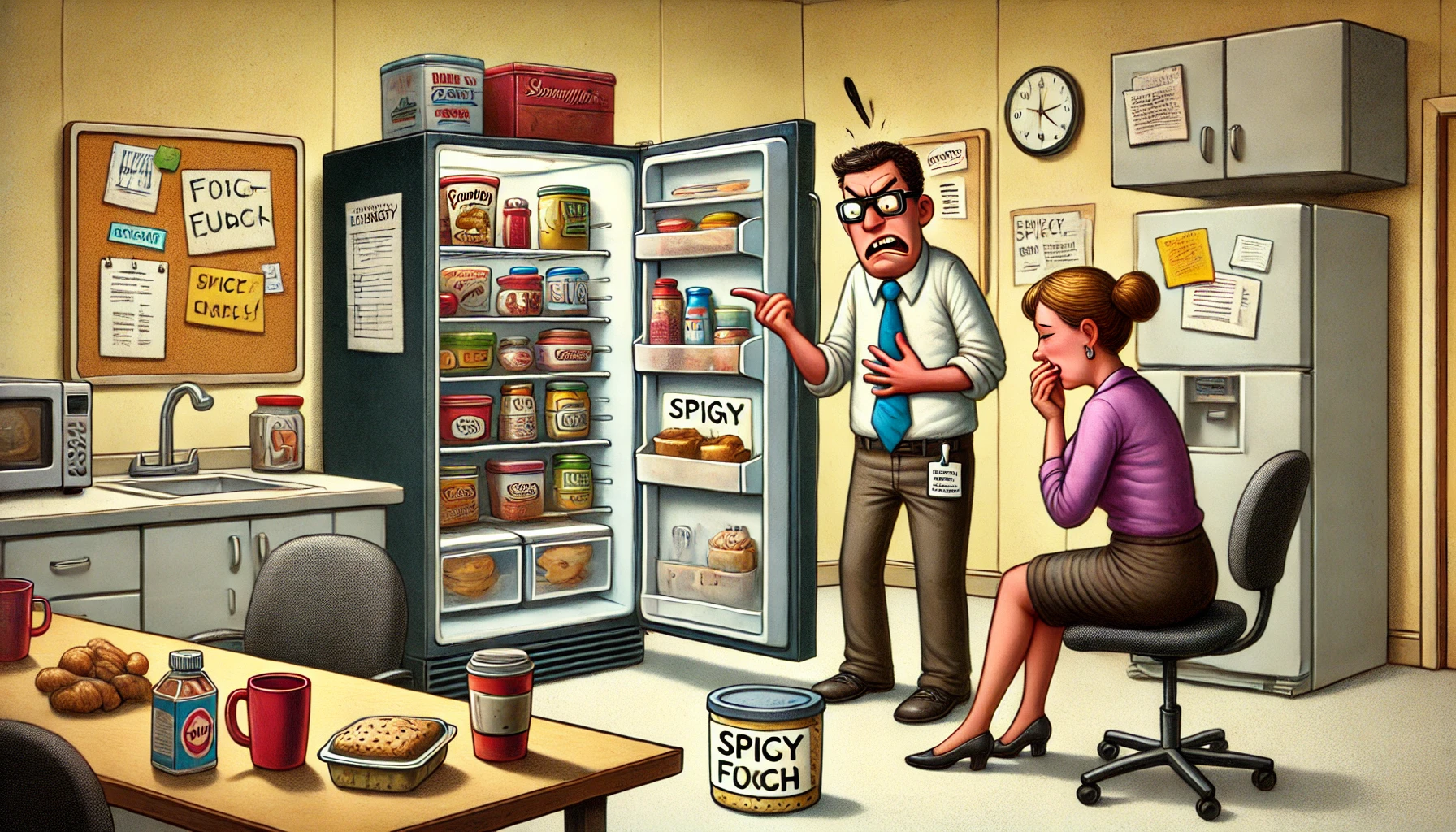 A humorous and slightly dramatic illustration of an office breakroom scenario. A fridge is prominently displayed with a variety of food containers ins