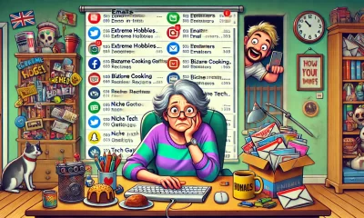 A humorous and lighthearted illustration showing a mother-in-law (MIL) sitting at a desk with a computer, looking confused and overwhelmed as an endle