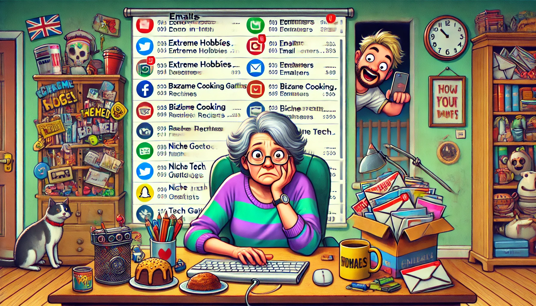 A humorous and lighthearted illustration showing a mother-in-law (MIL) sitting at a desk with a computer, looking confused and overwhelmed as an endle