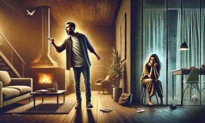 A dramatic and emotional illustration showing a tense confrontation in a modern living room. A furious man is standing in the center, yelling with an .