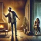 A dramatic and emotional illustration showing a tense confrontation in a modern living room. A furious man is standing in the center, yelling with an .