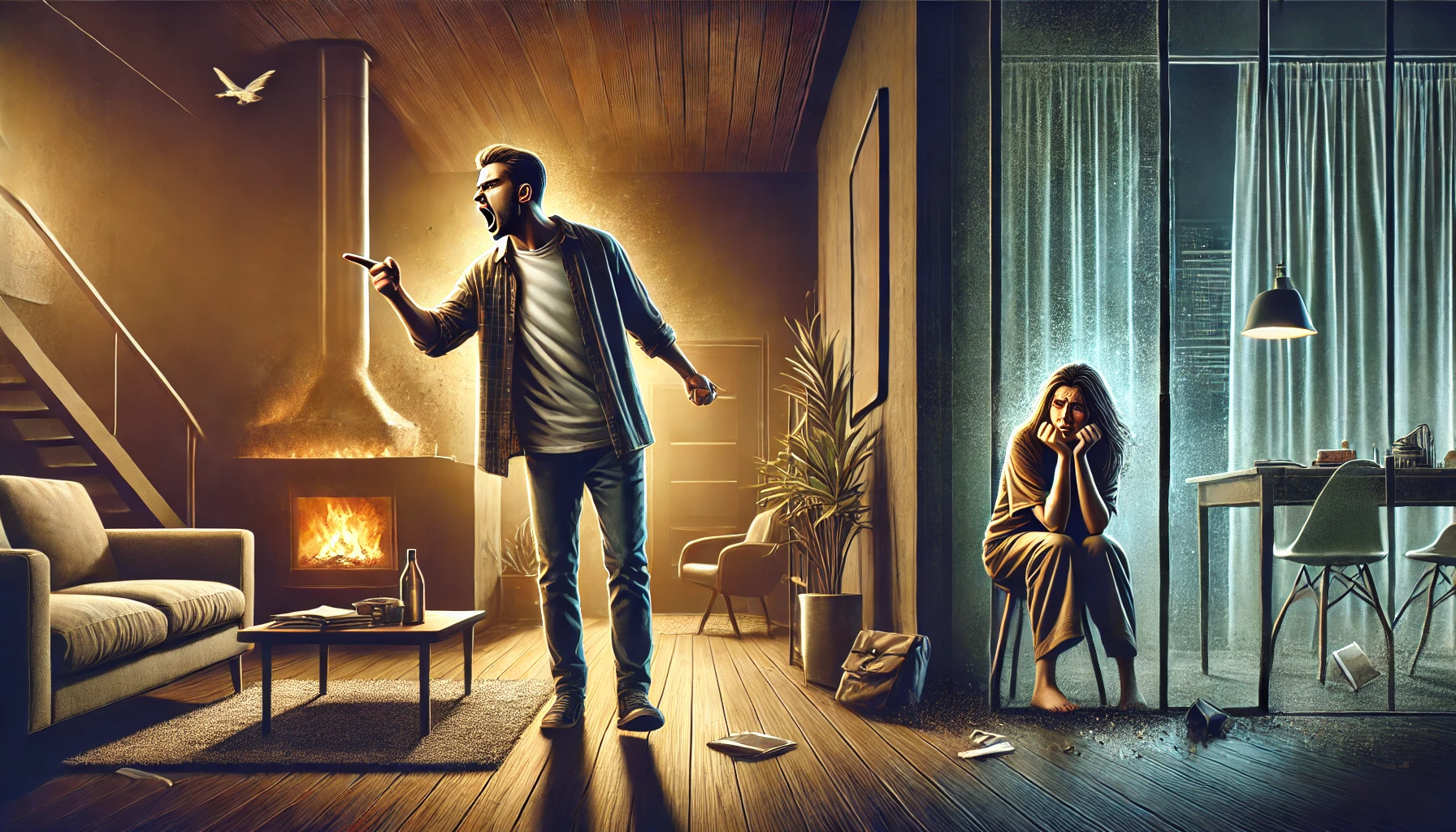 A dramatic and emotional illustration showing a tense confrontation in a modern living room. A furious man is standing in the center, yelling with an .