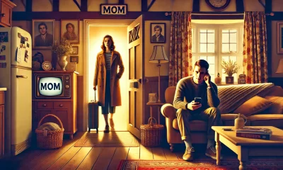 A dramatic and emotional illustration showing a young woman leaving a cozy living room, holding a suitcase and looking resolute, while a young man sit