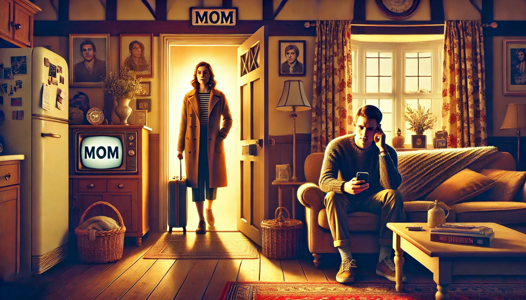 A dramatic and emotional illustration showing a young woman leaving a cozy living room, holding a suitcase and looking resolute, while a young man sit