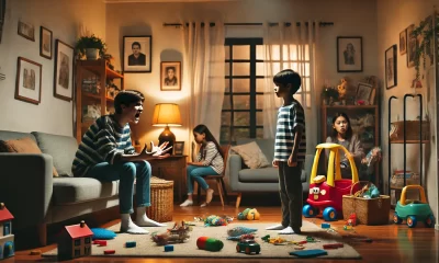 A dramatic scene depicting a sibling argument in a family living room. One sibling is seated, speaking passionately, while another sibling stands with