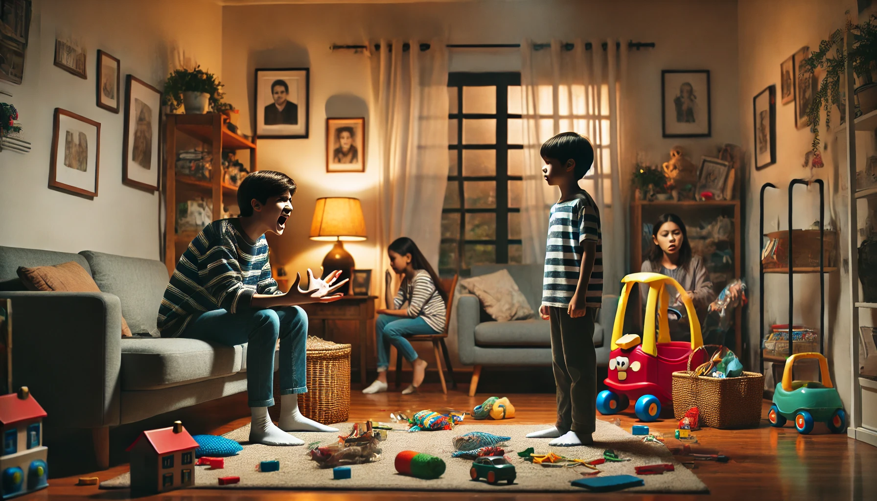 A dramatic scene depicting a sibling argument in a family living room. One sibling is seated, speaking passionately, while another sibling stands with