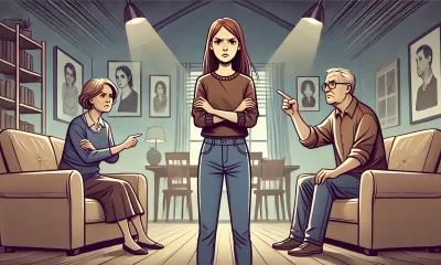 A wide illustration depicting a tense family argument in a living room setting. A young woman is standing in the middle, expressing frustration, while.