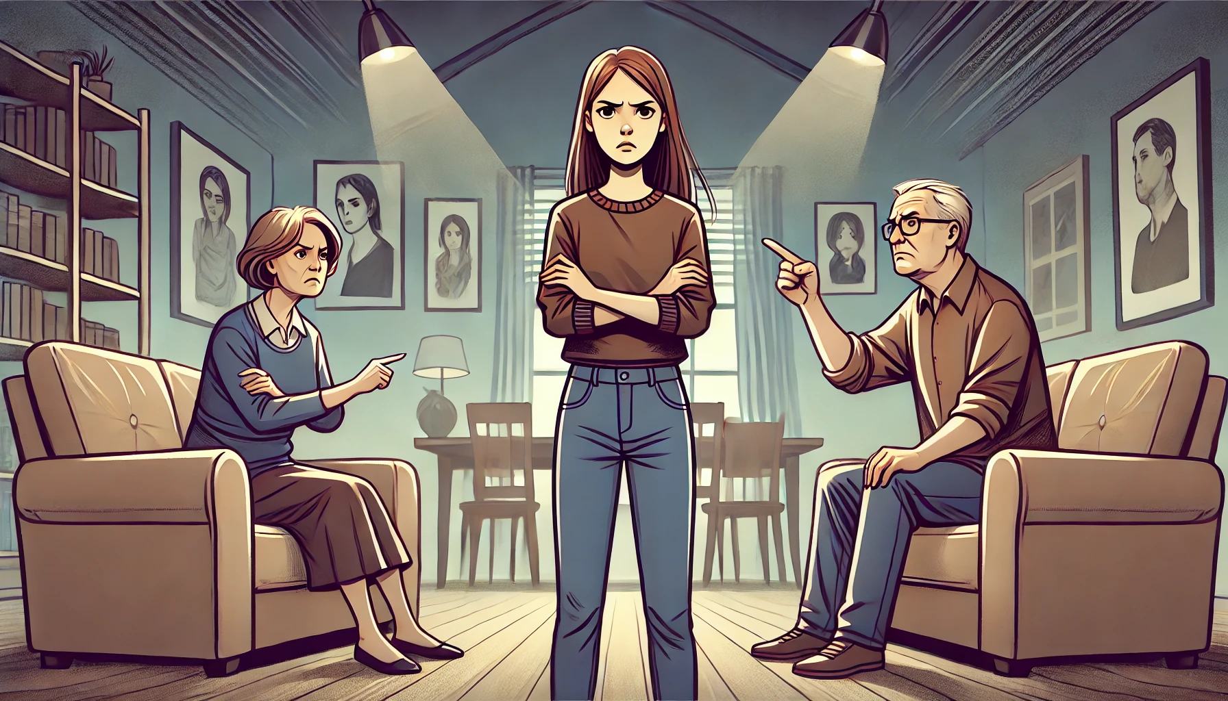 A wide illustration depicting a tense family argument in a living room setting. A young woman is standing in the middle, expressing frustration, while.